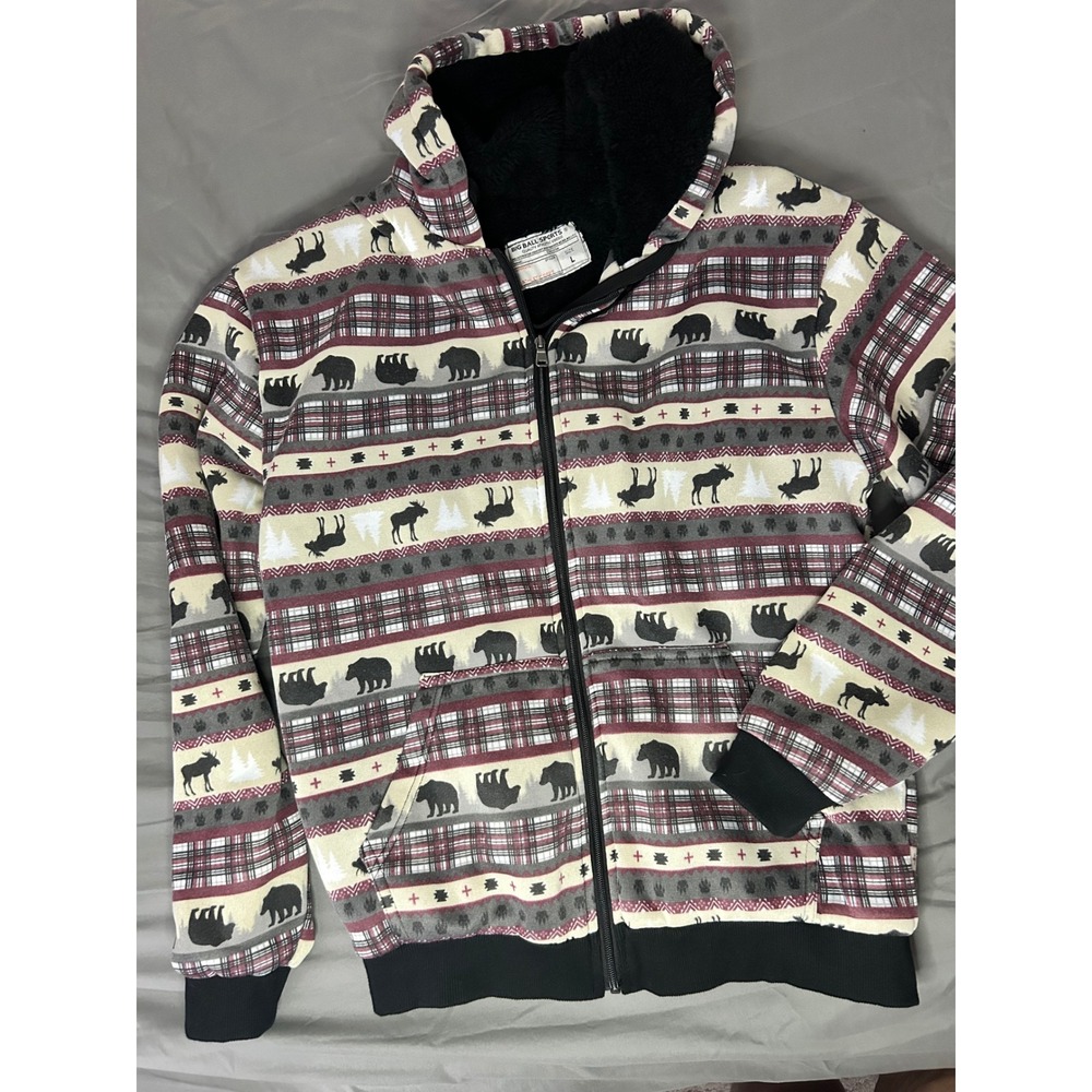 Big‎ Ball Sports Mens Fleece Lined Hoodie Jacket Bear Moose Plaid Print Size L